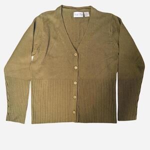 1990s Marla Kim Olive Green Cable Knit Cardigan Sweater Vintage  Large